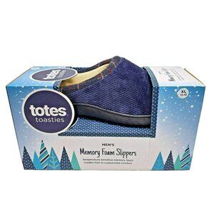 Totes Toasties Memory Foam Slippers Navy Blue Corduroy Plaid Trim Men's XL 11-12